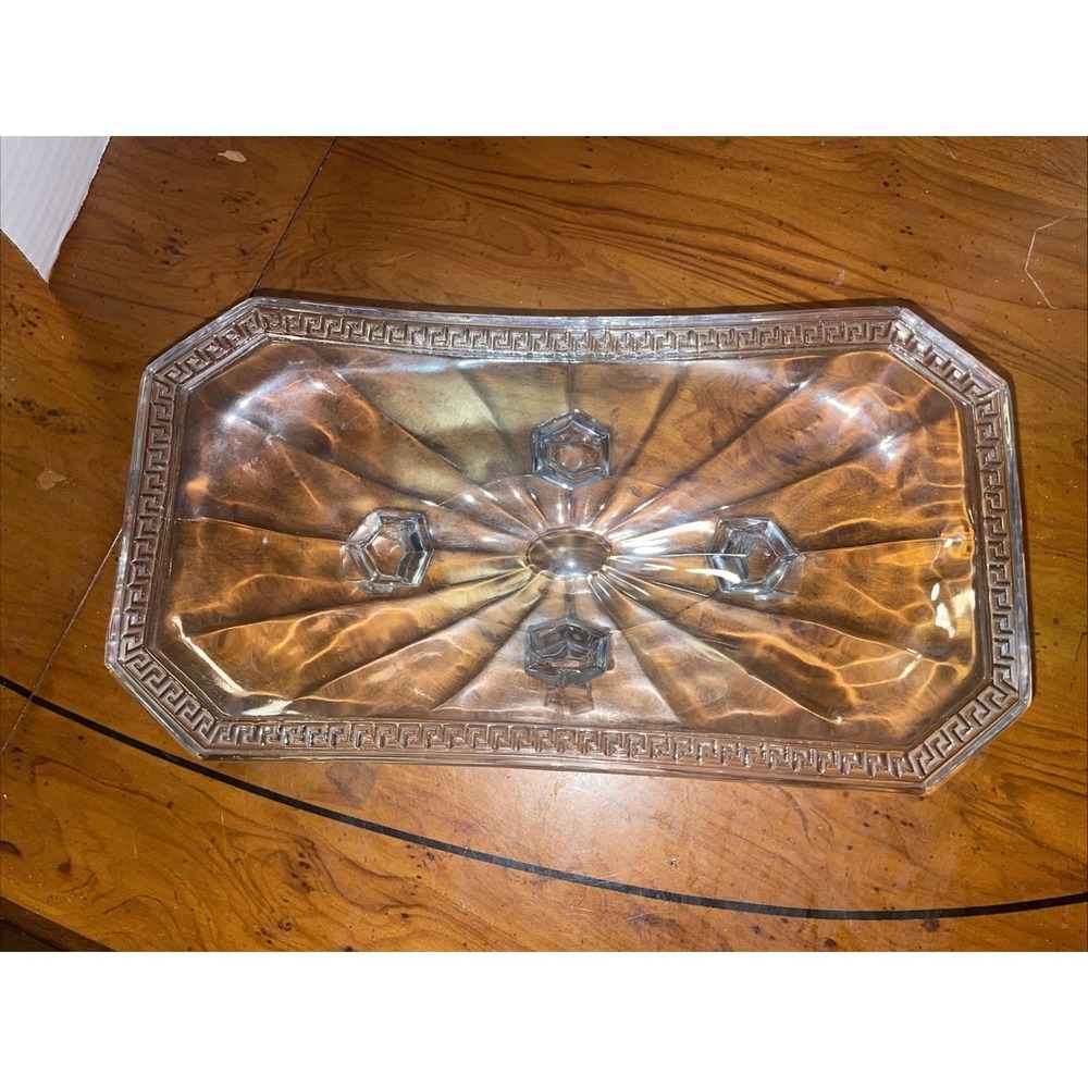 Antique EAPG  Clear Glass Celery Dish With Greek Key Design And 4 Feet - Picture 2 of 7
